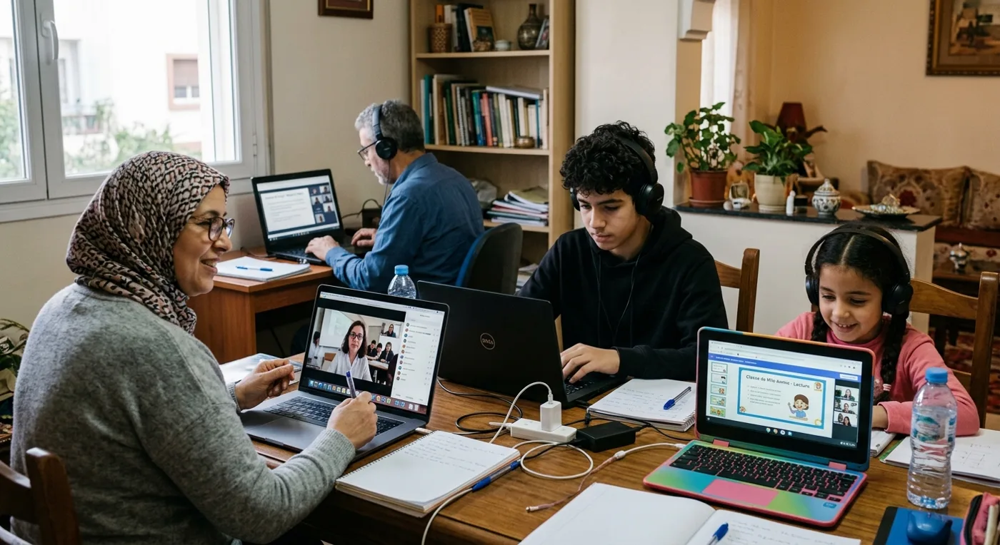 Une famille suit ses cours de langues en ligne à la maison : enfant, adolescent et adultes